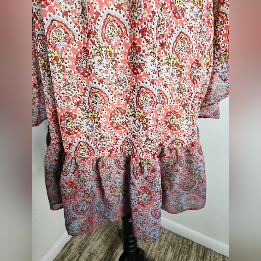 Betsey Johnson Pink & Red Paisley Dress, Long Bell Sleeves, Ruffled Hem, Sz 6 - Picture 6 of 14